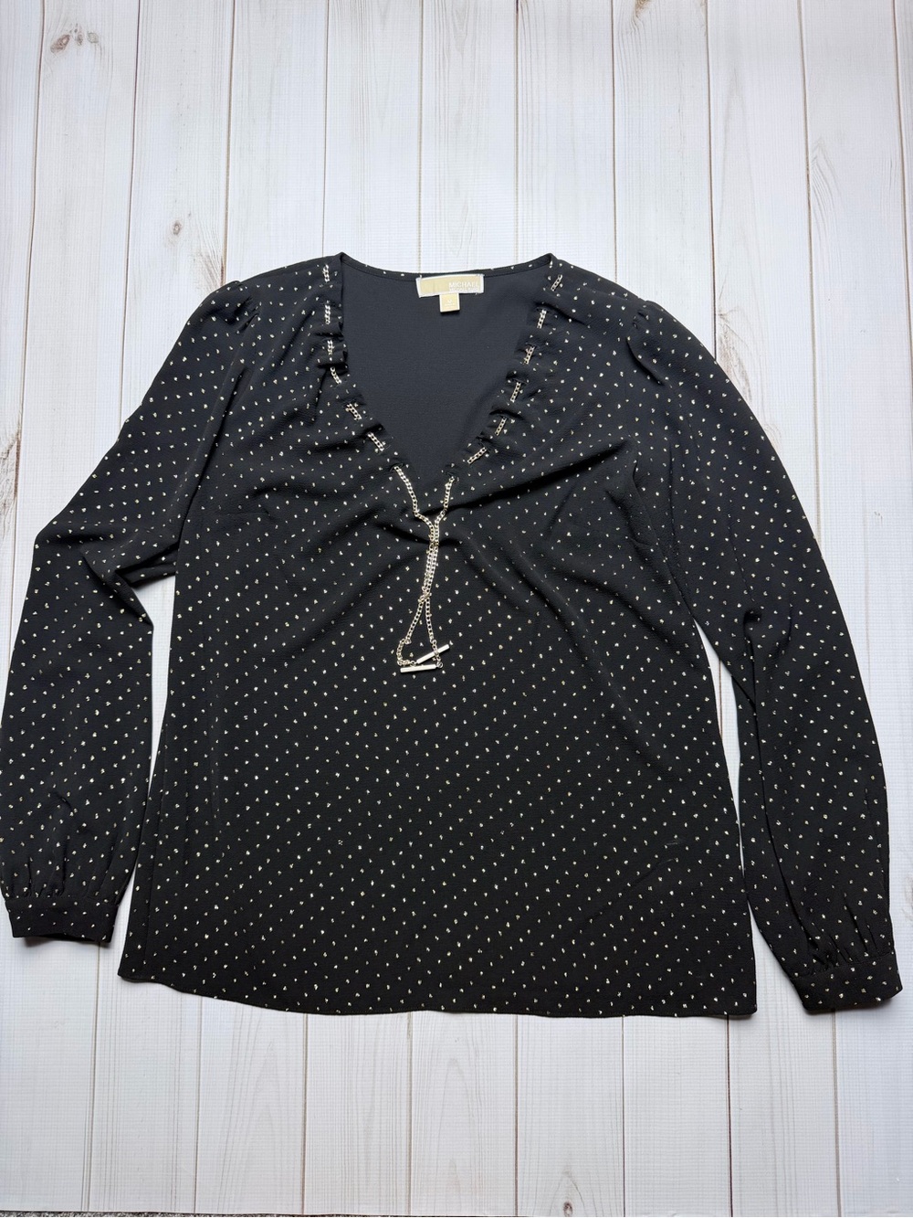 Black Polka Dot Long-Sleeve V-Neck Women's Top with Gold Chain Detail